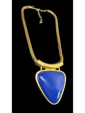 JOAN RIVERS Necklace Gold Tone Mesh Chain Large Blue Abstract Pendant Vintage